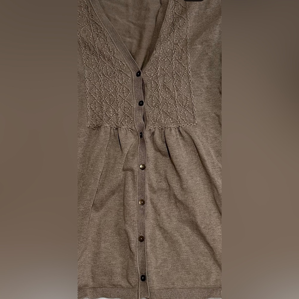 Liz Claiborne Brown Taupe Cardigan Embroidered V Neck Button Front Size Large - Picture 2 of 8
